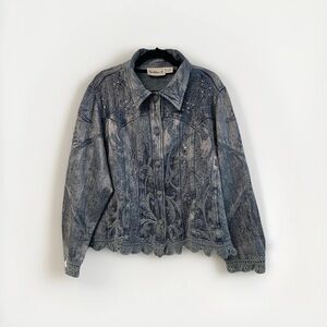 Vtg Flashback Jacket Metallic Blue Floral Detail Lace Embroidered Crochet Sz 2X